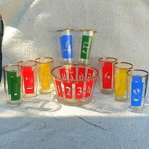 Retro Mid-century Modern Barware Numbers Ice Bucket and 8 High ball Glass Set